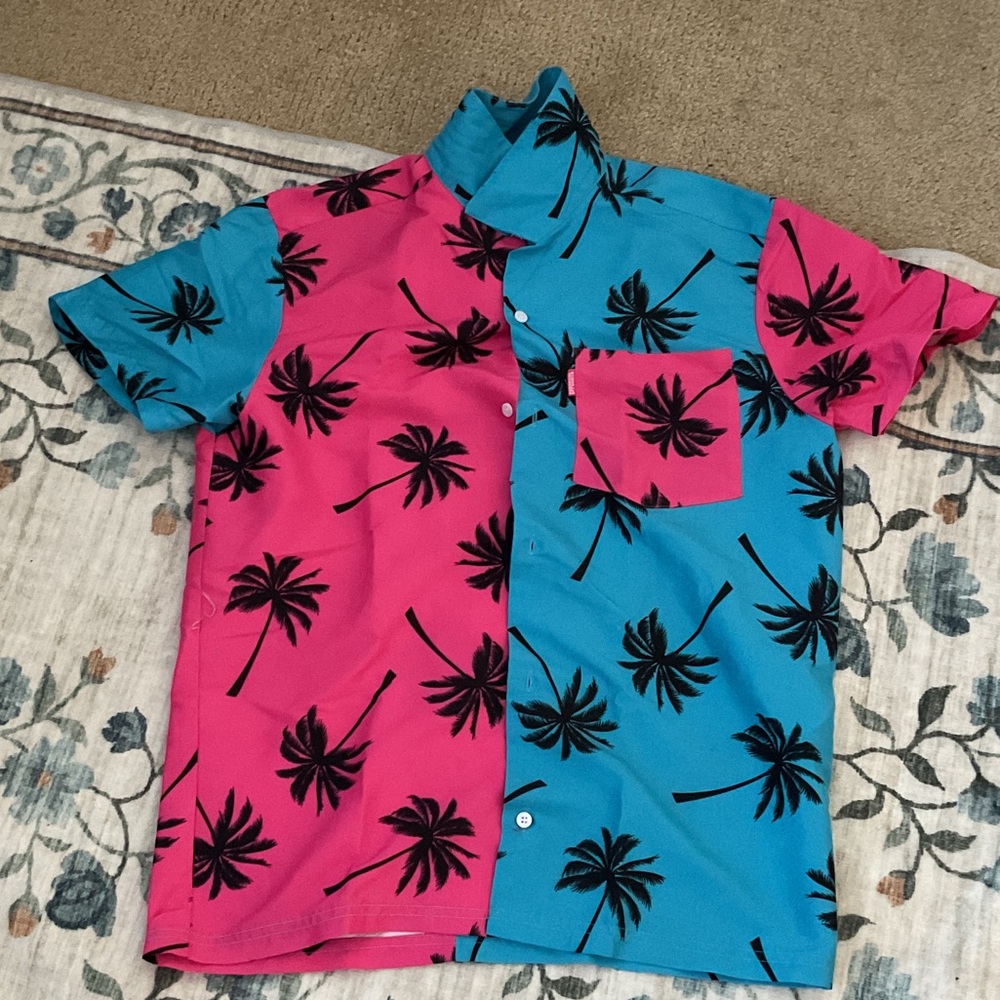 OppoSuits Pink and Blue Palm Tree Casual Button Down Shirt. With matching shorts